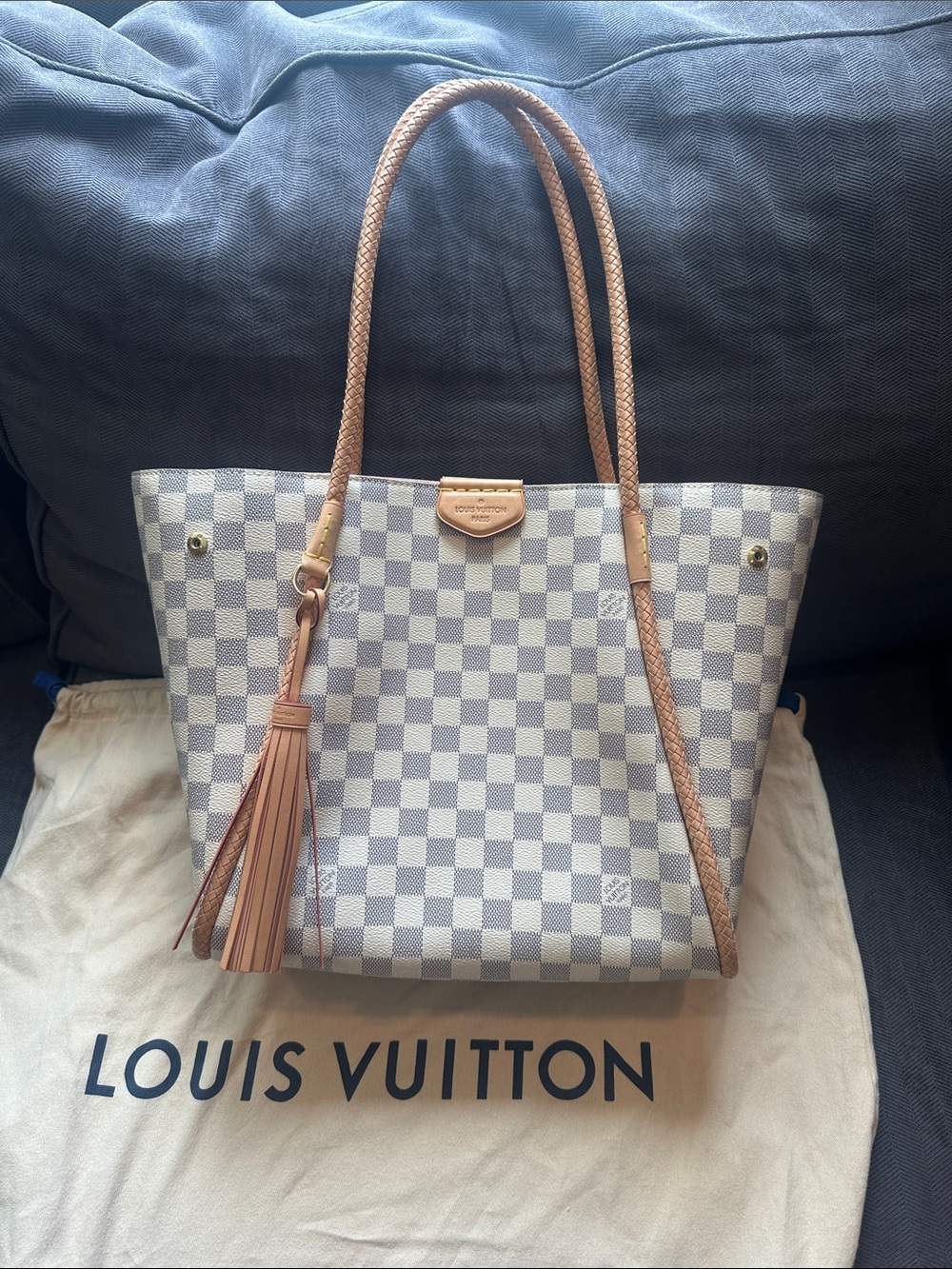 Louis Vuitton Damier Azur Canvas Tote PROPRIANO with Tan Leather Trim